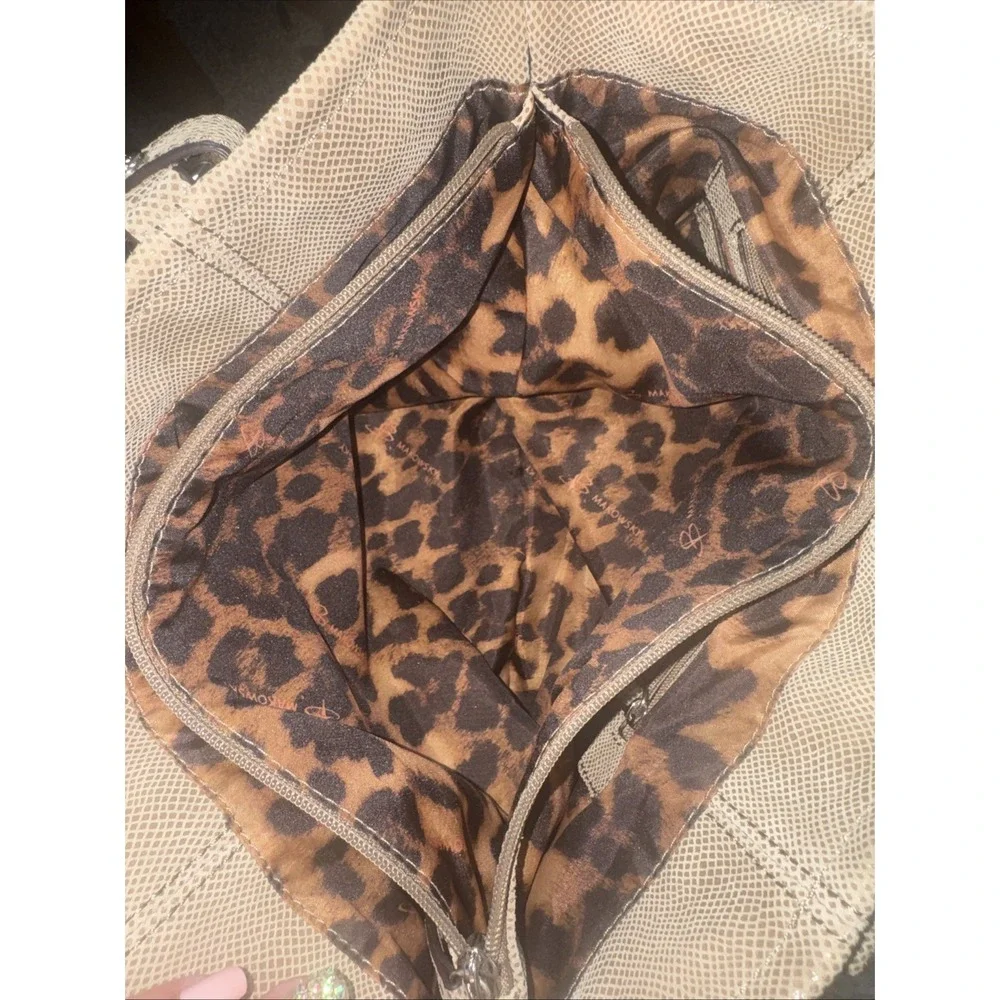 B MAKOWSKY shimmery snake lizard embossed suede feel tan beige shoulder bag